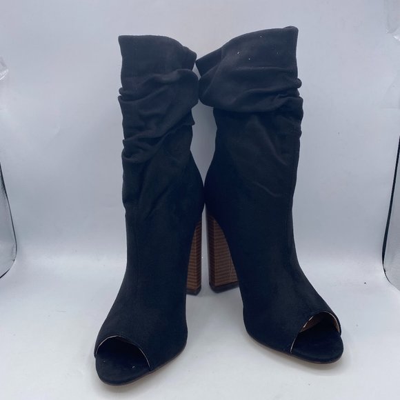 FSJ Black Stylish Peep Toe Slouch Chunky Stacked Heels Ankle Boots - Picture 2 of 13